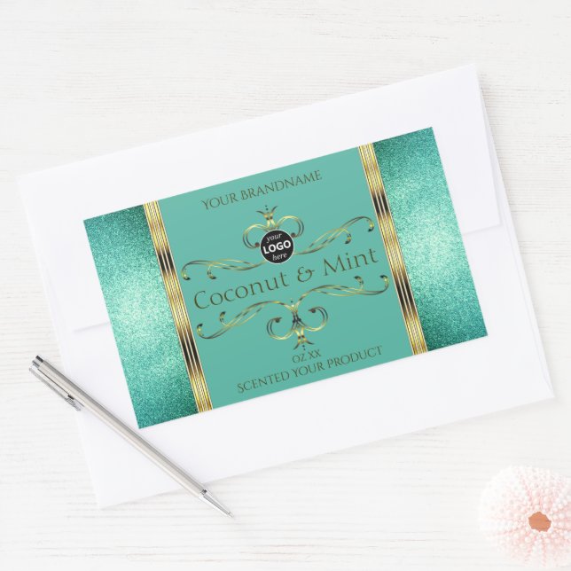 Teal Gold Product Labels Glitter Borders with Logo (Envelope)