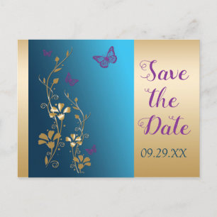 Teal Gold Purple Butterfly Save the Date Postcard