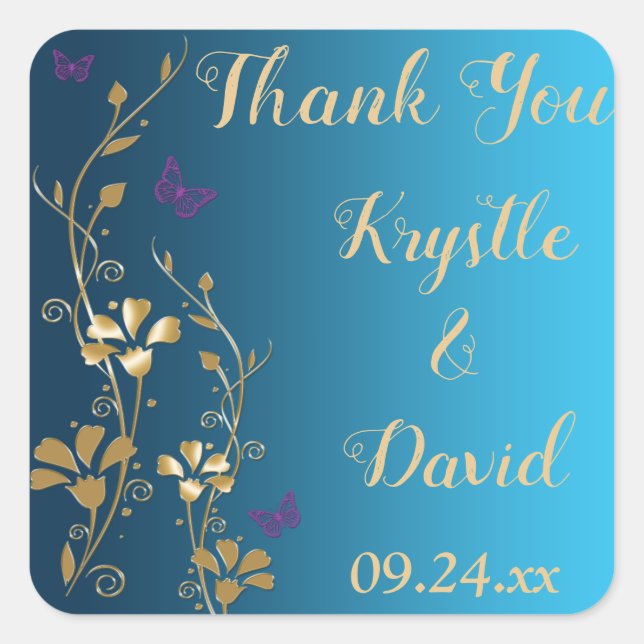 Teal, Gold, Purple Floral, Butterfly Favour Sticke Square Sticker (Front)