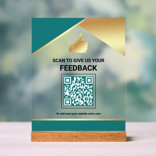 Teal Gold QR Code Customer Feedback Review Acrylic Sign (Neutral)
