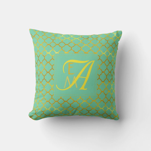 Teal Gold Quatrefoil MONOGRAM Newlyweds Wedding Throw Pillow (Front)