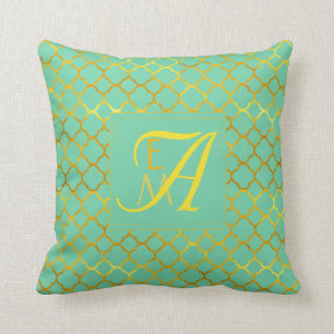 Teal Gold Quatrefoil MONOGRAM Newlyweds Wedding Throw Pillow