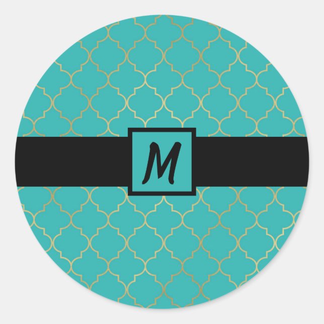 Teal & Gold Quatrefoil Monogrammed Party Classic Round Sticker (Front)