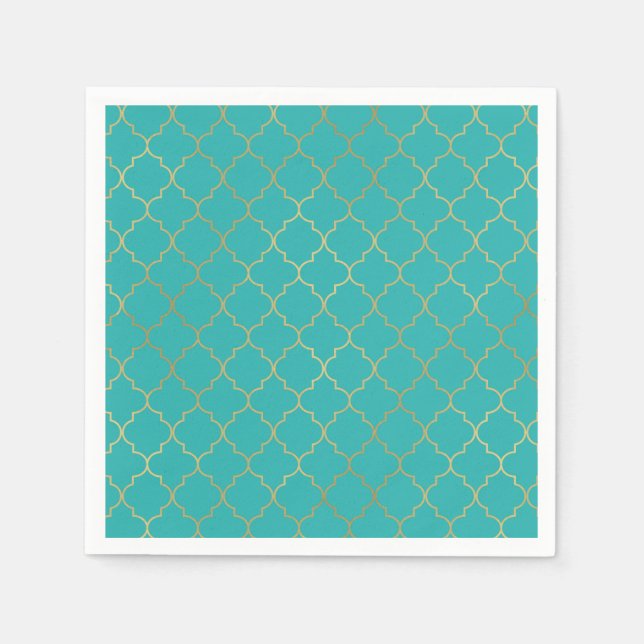 Teal & Gold Quatrefoil Pattern Party Napkin (Front)