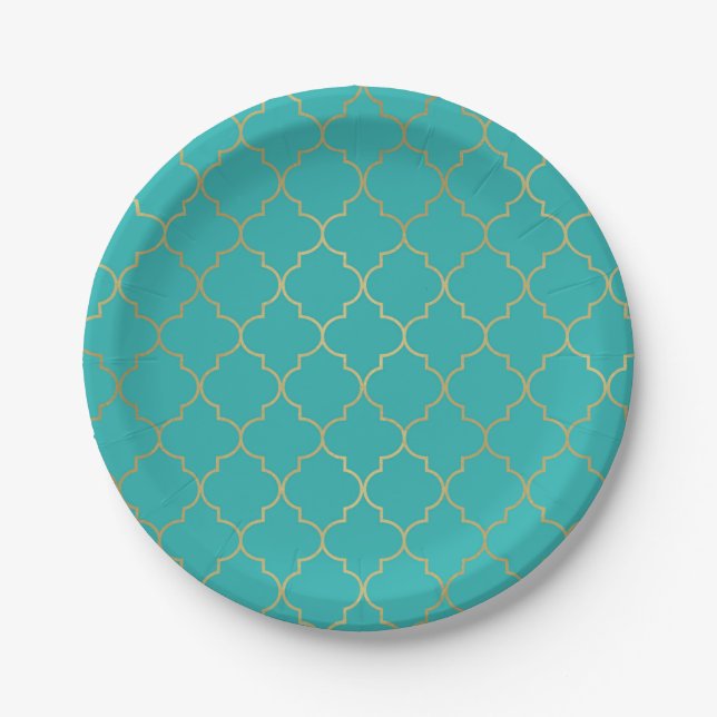 Teal & Gold Quatrefoil Pattern Party Paper Plate (Front)