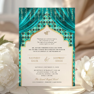 Teal Gold Quatrefoil QR Code Sikh Wedding Invitation