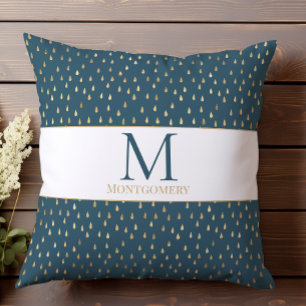 Teal Gold Raindrop Modern Trendy Monogram Throw Pillow