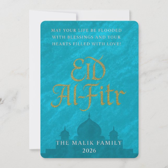 Teal & Gold Script Eid Al-Fitr Greeting Holiday Card (Front)