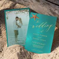 Teal gold script photo QR code destination wedding