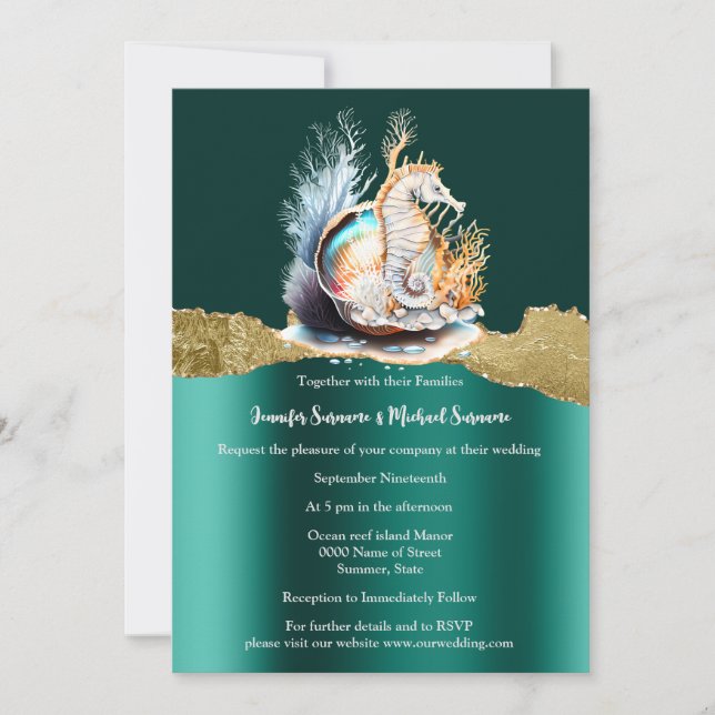 Teal gold seahorse shimmer iridescent nautical  invitation (Front)
