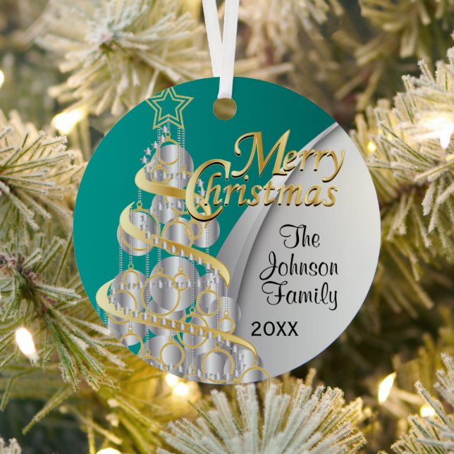 Teal, Gold & Silver Christmas | Photo Metal Ornament (Insitu)