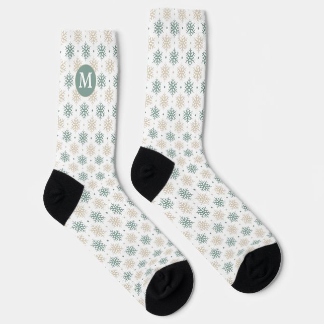 Teal Gold Snowflake Pattern Monogram Socks (Right)
