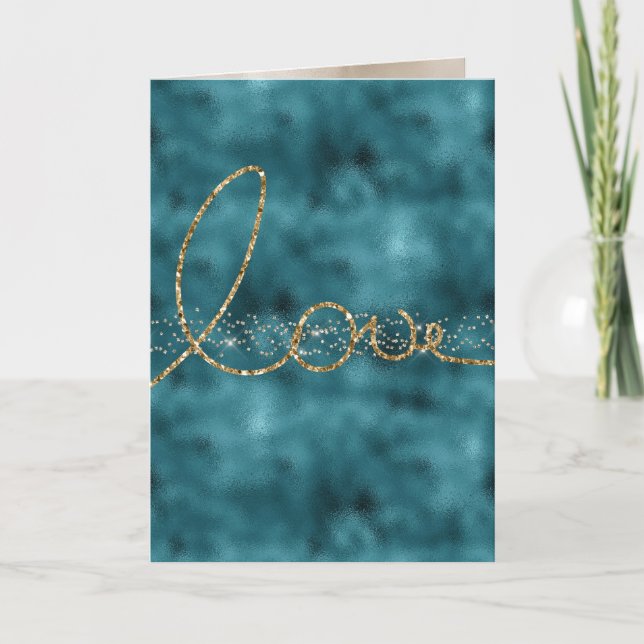 Teal Gold Sparkle Confetti Glitter Love Card (Front)