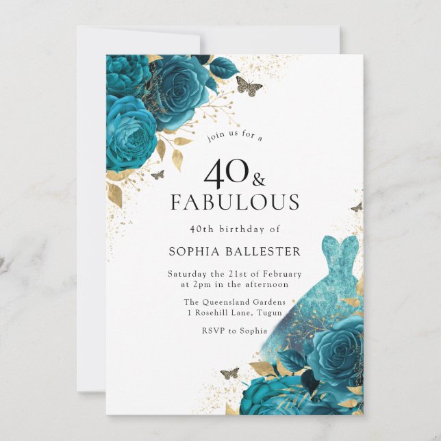Teal Gold Sparkle Dress Roses 40th Birthday Party Invitation (Front)