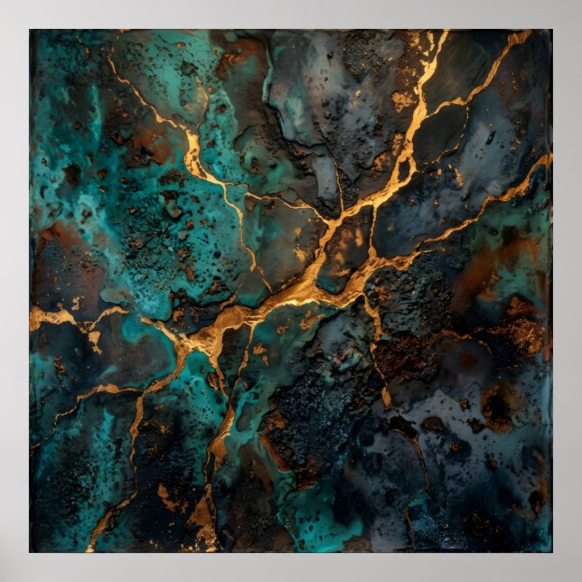 Teal Gold Stone Abstract Poster (Front)