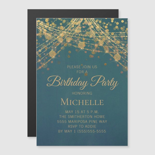Teal Gold String Lights Any Age Women's Birthday I Magnetic Invitation (Front/Back)