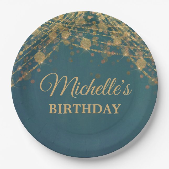 Teal Gold String Lights Birthday Party Women Paper Plate (Front)