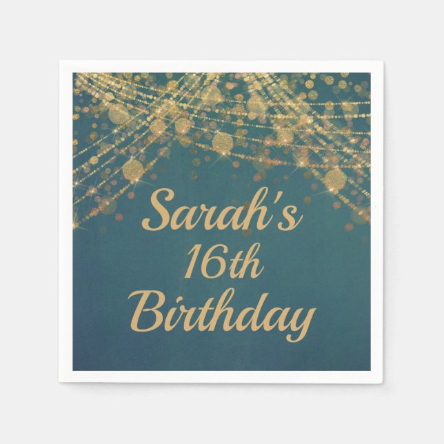 Teal Gold String Lights Bokeh 16th Birthday Napkin (Front)