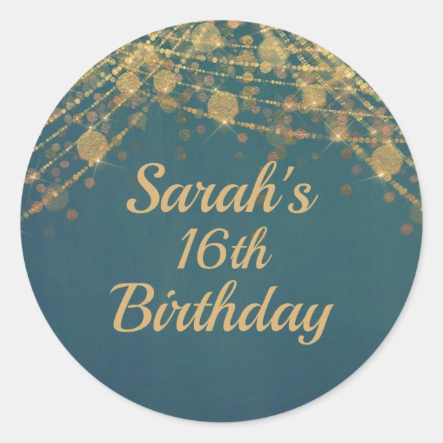Teal Gold String Lights Bokeh Girl's16th Birthday Classic Round Sticker (Front)