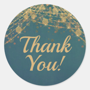 Teal Gold String Lights Bokeh Thank You Classic Round Sticker