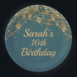 Teal Gold String Lights Girl's 16th Birthday Paper Plate<br><div class="desc">Beautiful and elegant 16th birthday party paper plates for girls in a deep, bold teal with glittering gold string lights and sparkling bokeh. These paper plates match our Teal with Gold String Lights birthday party collection. Text, fonts, and wording are completely customizable, so these plates can be personalized for any...</div>