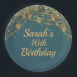 Teal Gold String Lights Girl's 16th Birthday Paper Plate<br><div class="desc">Beautiful and elegant 16th birthday party paper plates for girls in a deep, bold teal with glittering gold string lights and sparkling bokeh. These paper plates match our Teal with Gold String Lights birthday party collection. Text, fonts, and wording are completely customizable, so these plates can be personalized for any...</div>