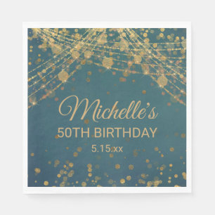 Teal Gold String Lights Glitter Adult Birthday Napkin
