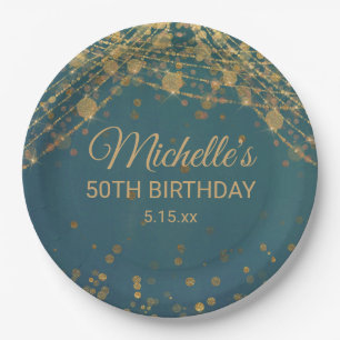 Teal Gold String Lights Glitter Adult Birthday   Paper Plate