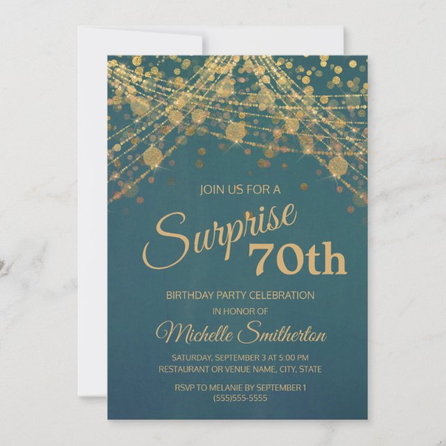 Teal Gold String Lights Surprise 70th Birthday Invitation (Front)