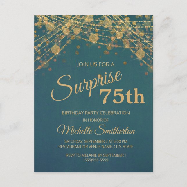 Teal Gold String Lights Surprise 75th Birthday Postcard (Front)