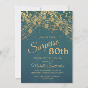Teal Gold String Lights Surprise 80th Birthday Invitation