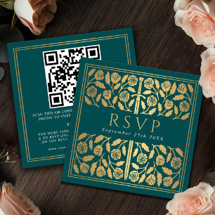 Teal Gold Sword Royal Wedding RSVP QR Code  Enclosure Card