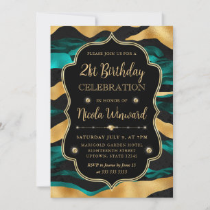 Teal Gold Tiger Stripe Glam Birthday Invitation