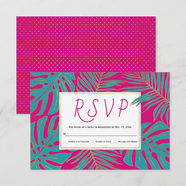 Teal, gold tropical leaves magenta pink wedding RSVP card (Front/Back)