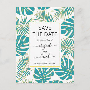 Teal, gold tropical leaves wedding Save the Date Announcement Postcard