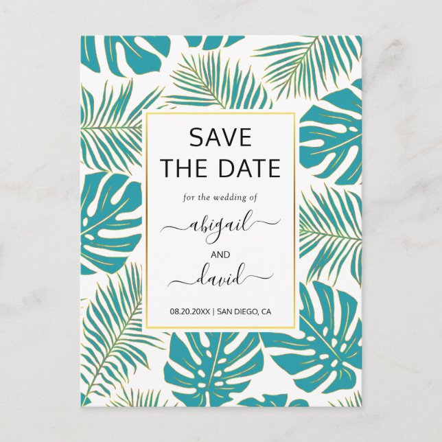 Teal, gold tropical leaves wedding Save the Date Announcement Postcard (Front)
