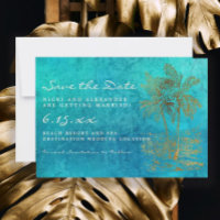 Teal Gold Tropical Palm Save Our Date Wedding