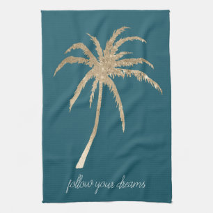 Teal Gold Tropical Palm Trees  Kitchen Towel