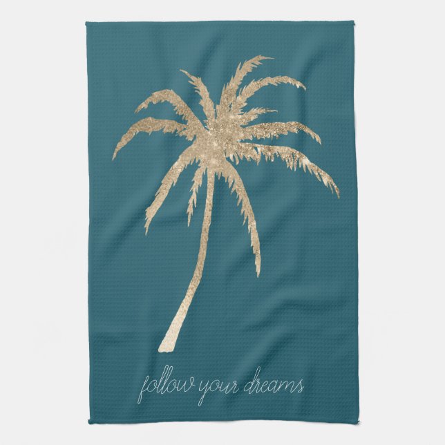 Teal Gold Tropical Palm Trees  Kitchen Towel (Vertical)