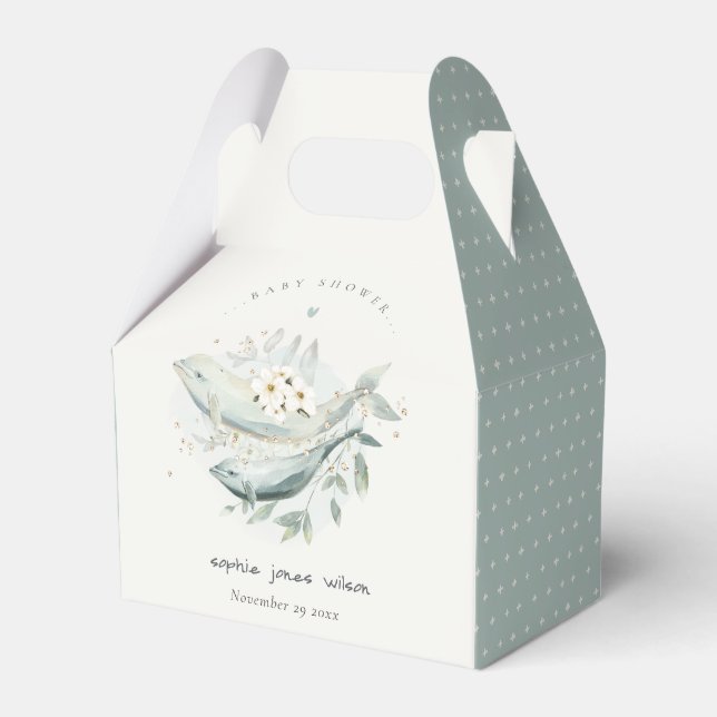 Teal Gold Underwater Floral Whale Fish Baby Shower Favor Box (Front Side)