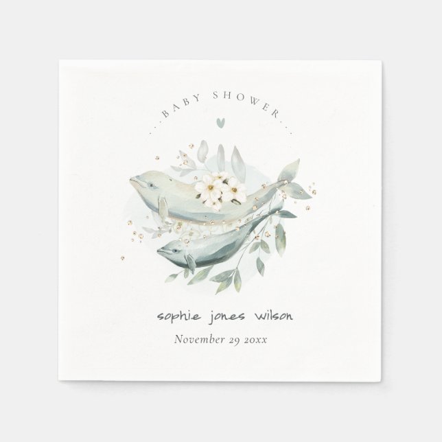 Teal Gold Underwater Floral Whale Fish Baby Shower Napkin (Front)