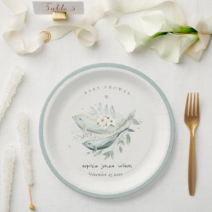 Teal Gold Underwater Floral Whale Fish Baby Shower Paper Plate