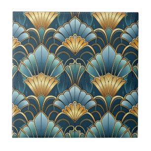 Teal gold vintage art deco pattern tile