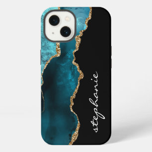 Teal Gold Watercolor Agate Personalized iPhone 13 Case