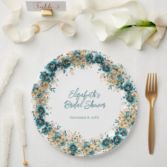 Teal Gold Watercolor Floral Bridal Shower Paper Plate (Wedding)