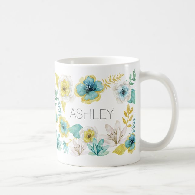 Teal Gold Watercolor Floral Name Gift Mug (Right)