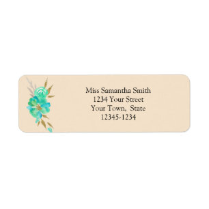 Teal Gold Watercolor Floral Tan Return Address