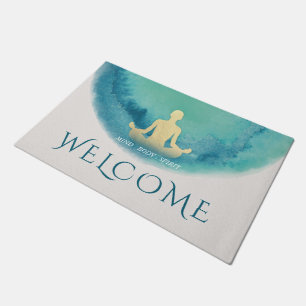 Teal Gold Watercolor Yoga instructor Welcome Doormat