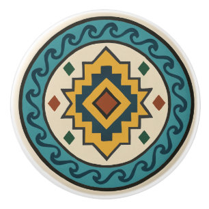 Teal Gold Wave Diamond Zapotec Ceramic Knob