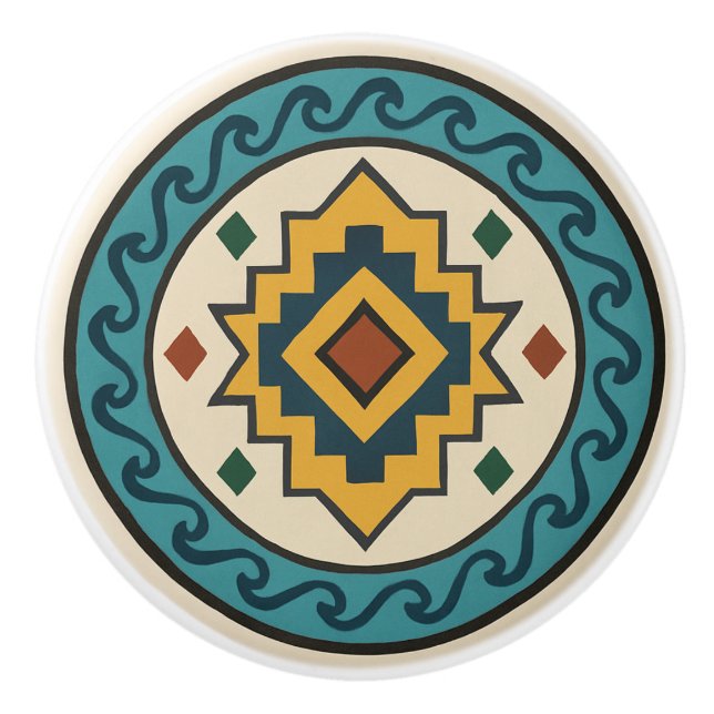 Teal Gold Wave Diamond Zapotec Ceramic Knob (Front)